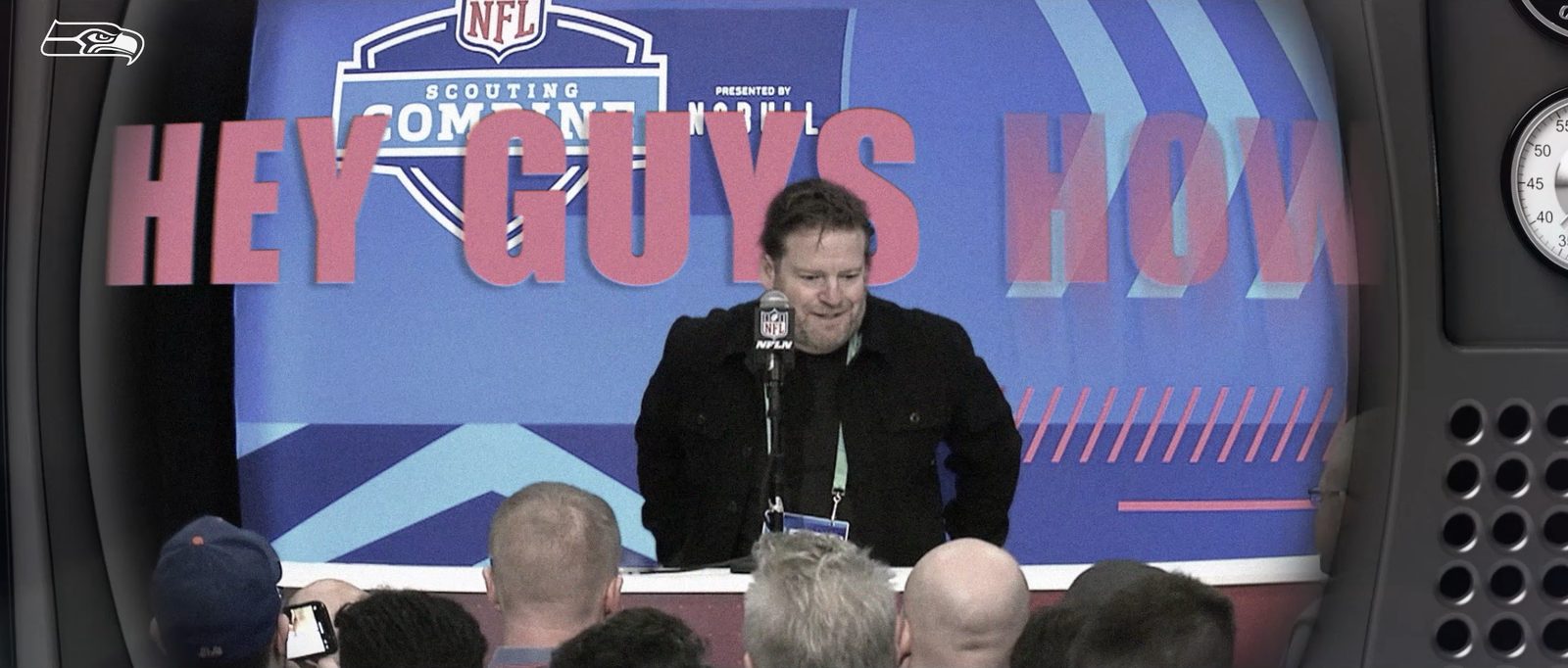 Still from Before the Noise, Episode 1. A press conference at the NFL Scouting Combine, framed inside a vintage television, with oversized caption text across the screen.