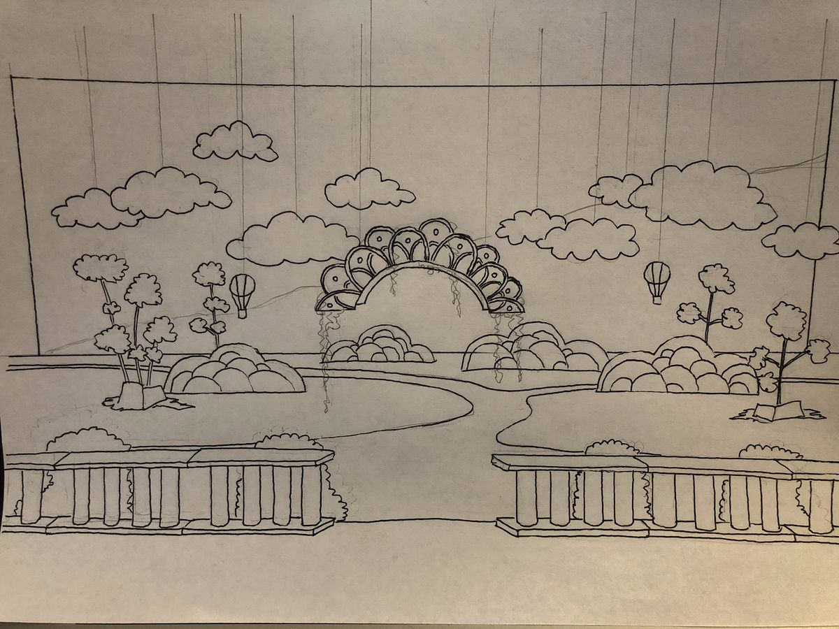 Pencil sketch of the heaven set: a backdrop of clouds and hills behind a sunburst arch, with balustrades across the front.