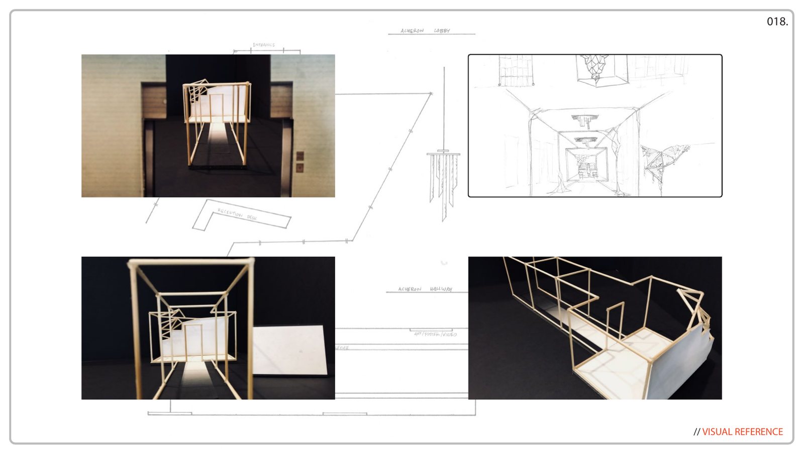 Page from the Hello, World proposal: a hallway set built as an open frame, shown in scale-model photos and a pencil sketch.