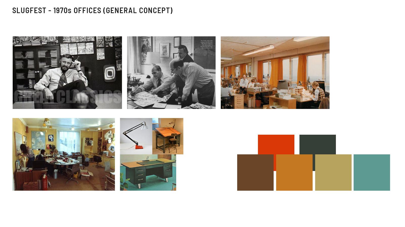 Concept board for 1970s offices: reference photos of crowded offices and a drafting lamp, with a palette of orange, brown and teal.
