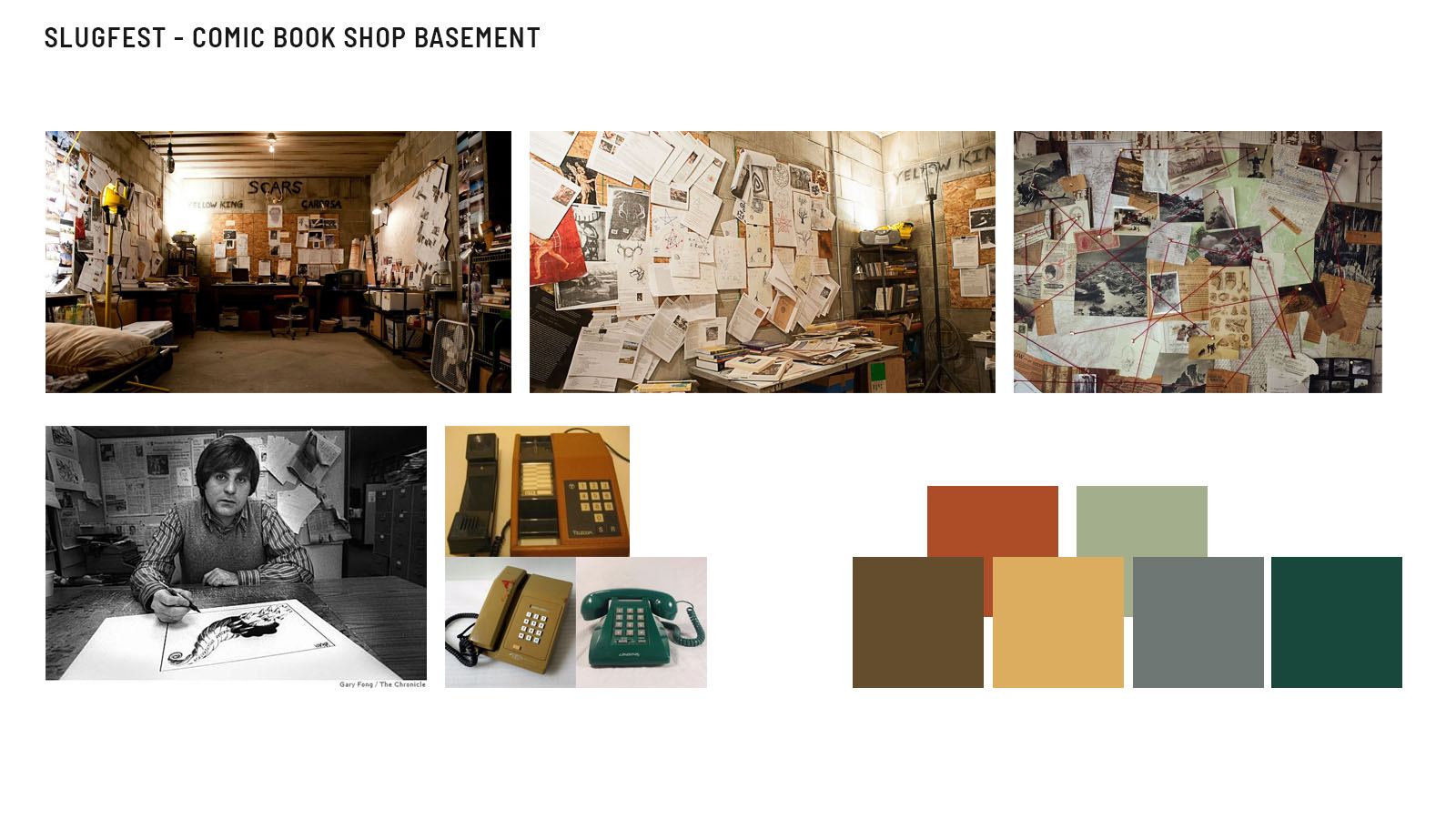 Concept board for a comic book shop basement: reference photos of cluttered walls of papers and an artist at a drawing table, with a palette of rust, gold, grey and green.
