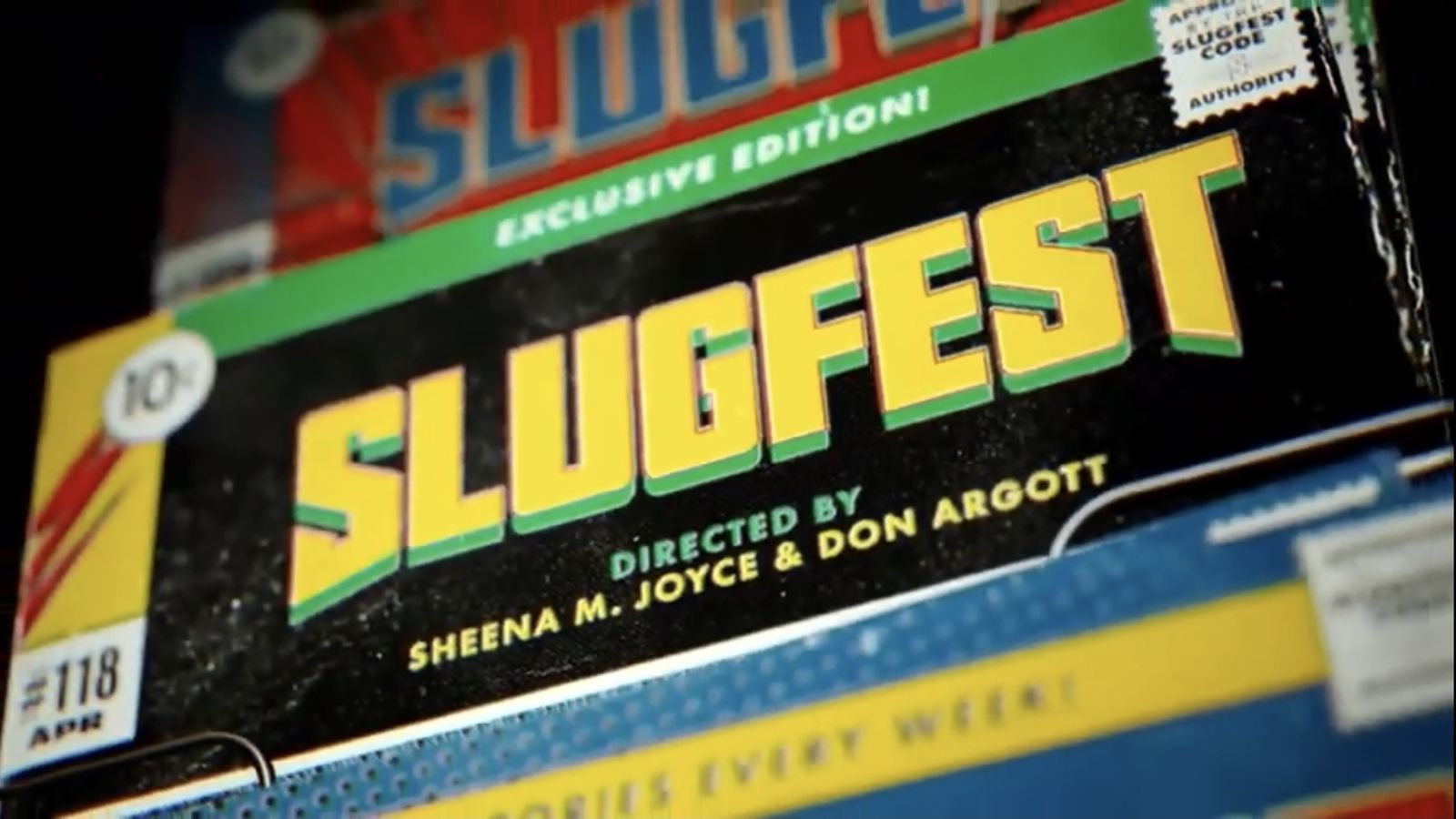 Slugfest title card, designed as a vintage comic book cover: the title in bold yellow lettering, with directing credits for Sheena M. Joyce and Don Argott.