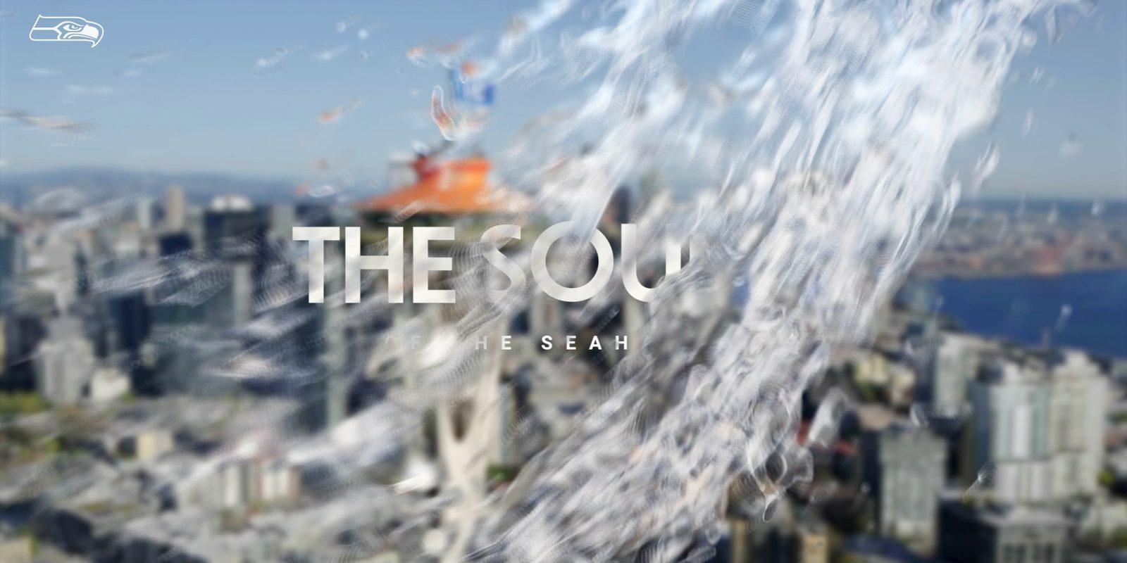 Title sequence from The Sound, season two: the series title breaking through a wash of water over the Seattle skyline.
