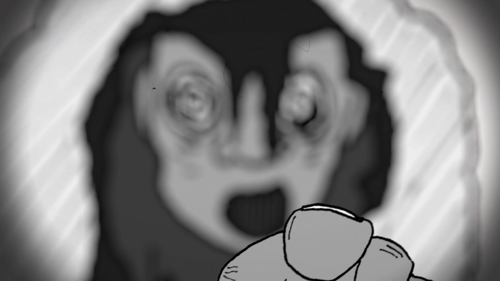 Still from TableTalk's animated episode: a hand-drawn black-and-white character with spiraling eyes and an open mouth.